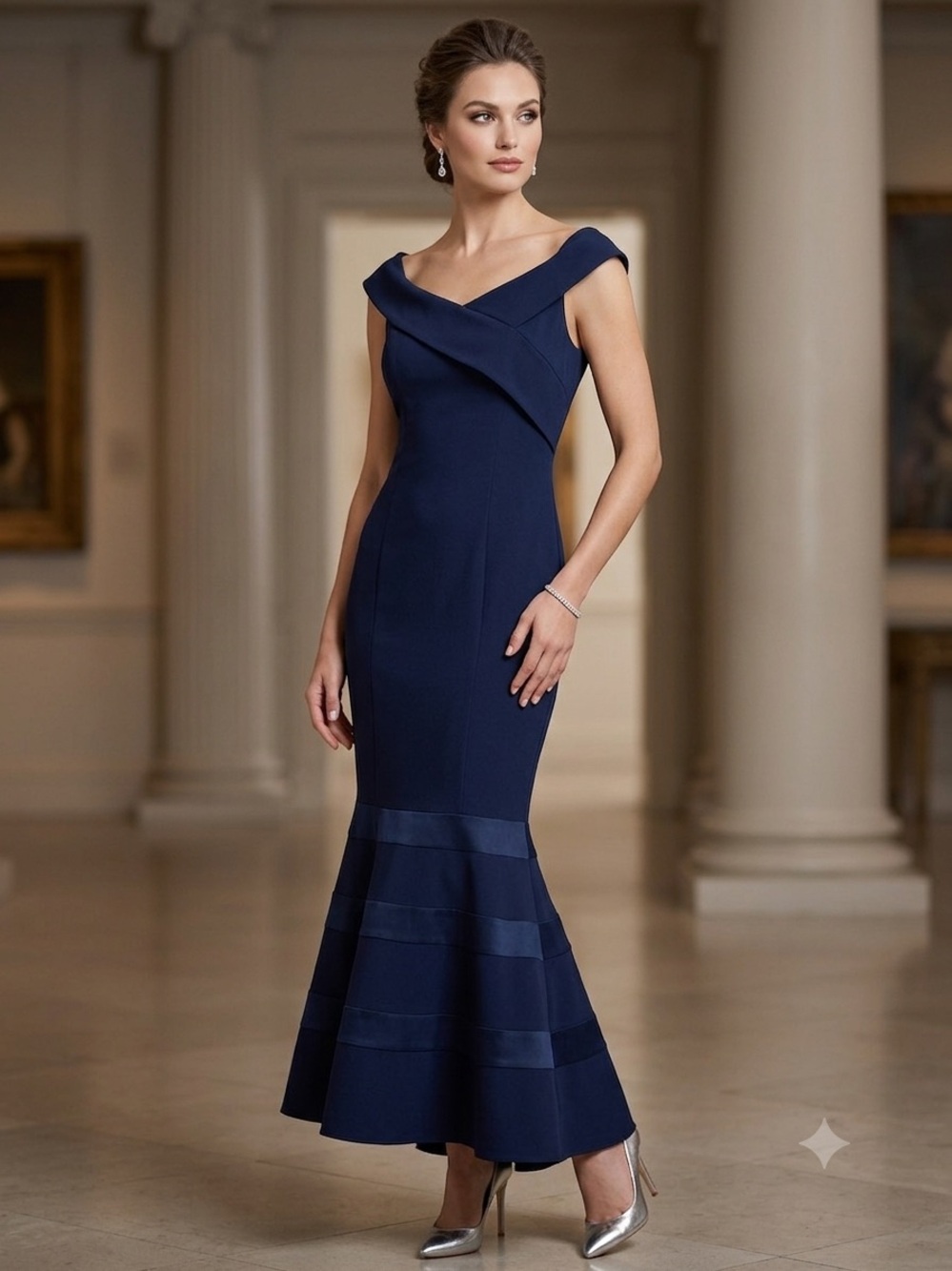 Candalite Petite Elegant Navy Off-Shoulder Mermaid‎ Dress